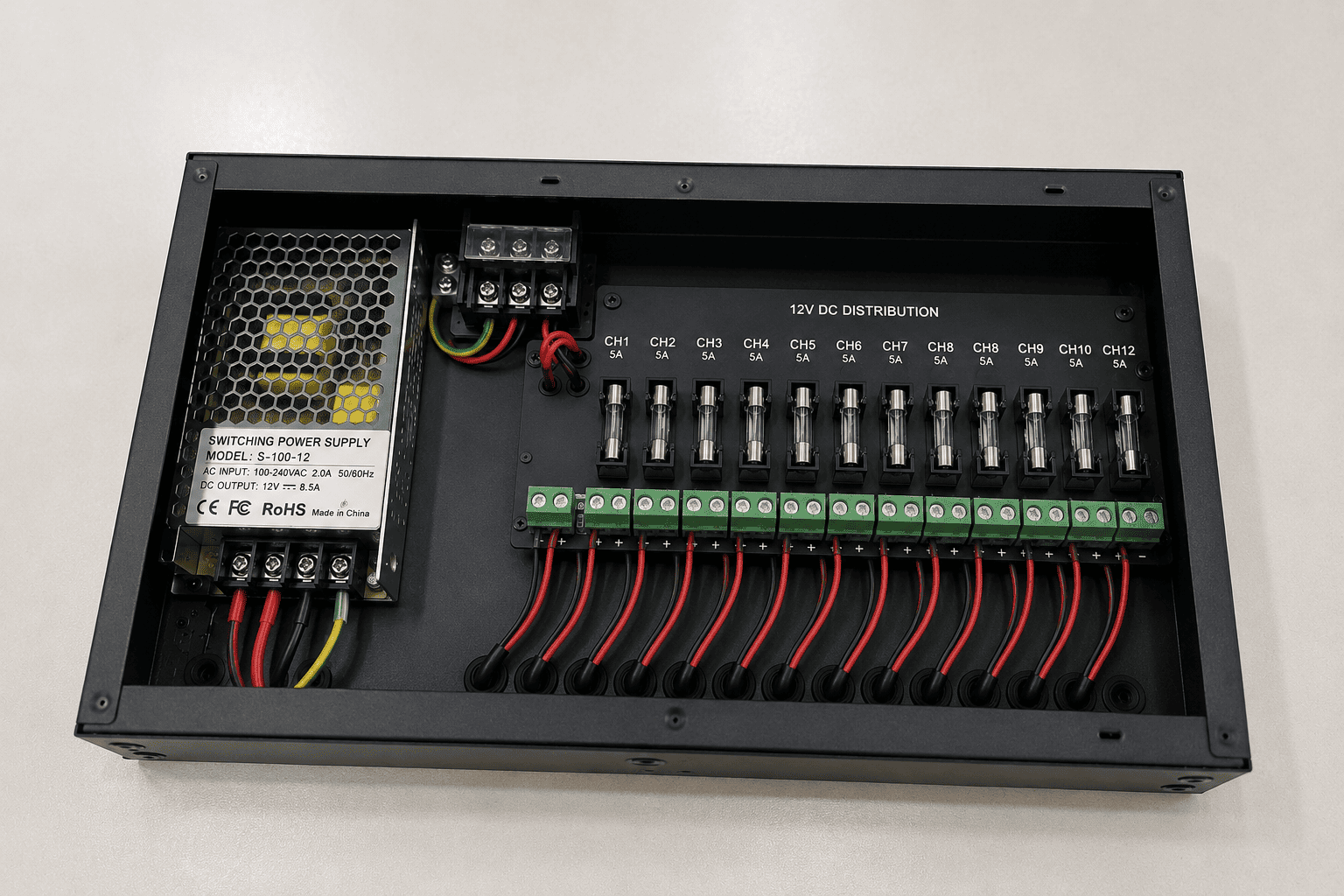 12V power distribution system AC input to DC output wiring flow 12V power distribution system wiring diagram