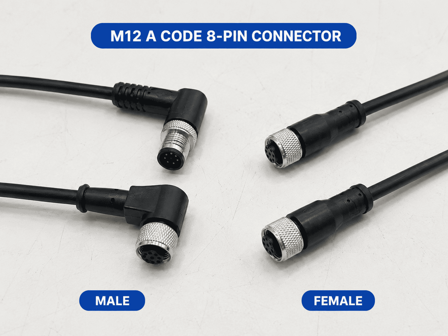 M12 8-pin male pins and female sockets viewed from the front M12 8-pin male and female connector front view