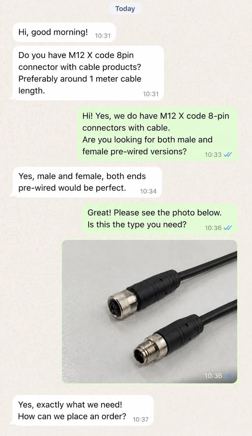 Customer photo review and confirmation for an M12 8-pin connector Customer communication for M12 8-pin connector identification