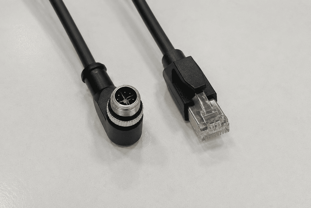 M12 X-coded to RJ45 cable with both mating faces visible