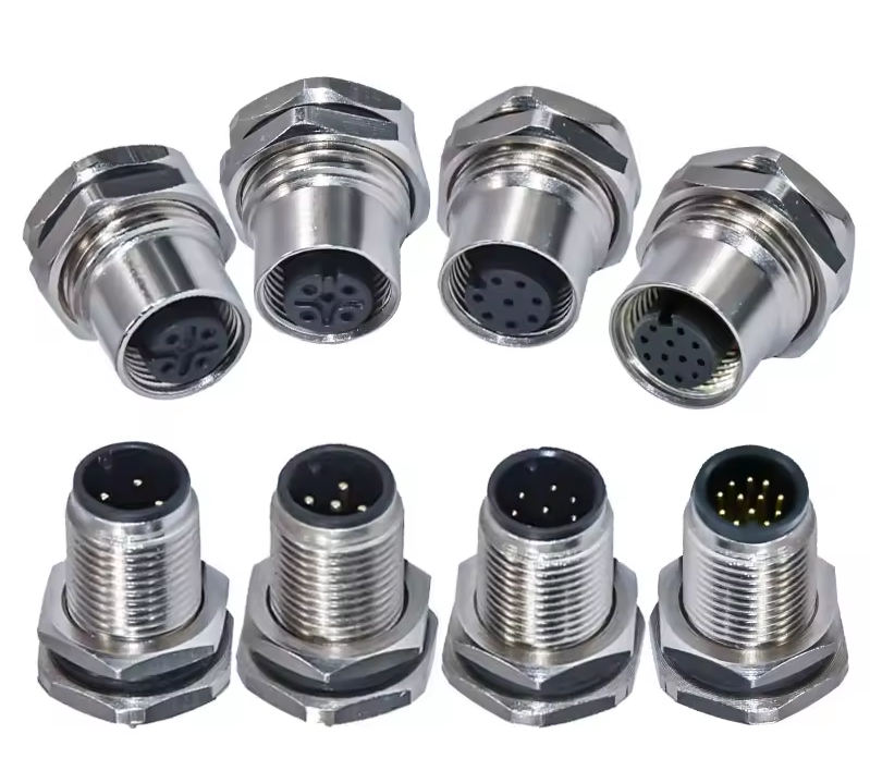 What an M12 connector looks like Male and female M12 connectors shown from the front and side