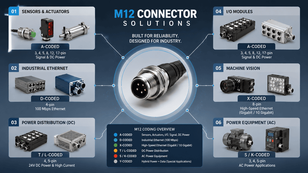 PLC remote I-O and industrial switch connected by D-coded M12 Ethernet