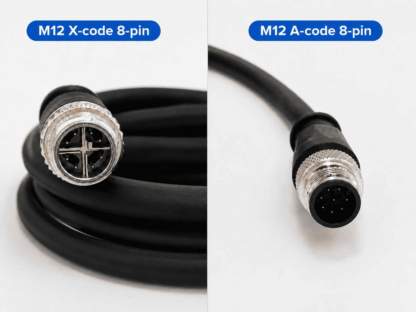 A-coded and X-coded M12 8-pin physical product overview A-coded and X-coded M12 8-pin connector product overview