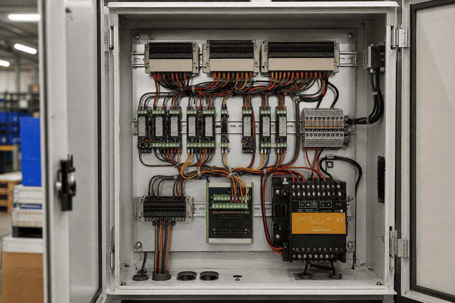 PLC interface module wiring example with prewired cable Typical PLC I/O card to interface module and field device wiring