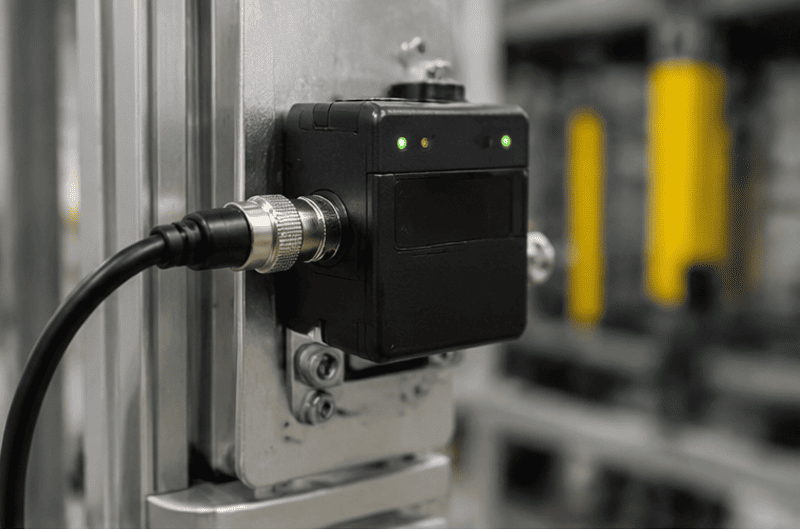 Shielded M12 industrial Ethernet cable connected to industrial equipment