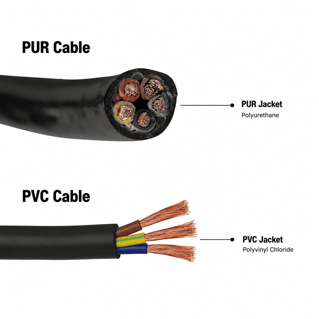 PVC and PUR cable options for waterproof M12 cable assemblies PVC and PUR cable selection