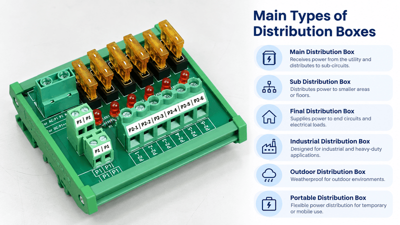 Main, sub, final, industrial, outdoor, and portable distribution box types