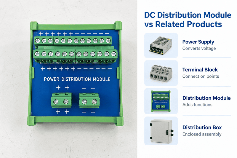 Comparison of a DC power supply, passive distribution block, switched distribution module, and enclosed distribution box