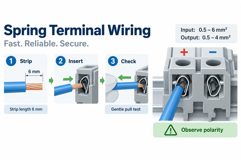 Correct 6 mm conductor strip length and polarity marking for spring-clamp terminals