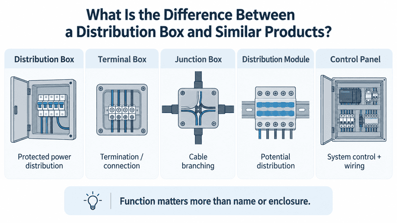 Distribution box, terminal box, junction box, distribution module, and control panel compared