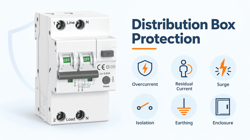 Overcurrent, residual-current, surge, isolation, earthing, and enclosure protection in a distribution box
