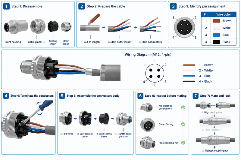 Field-wireable M12 connector wiring process for industrial sensor and automation applications