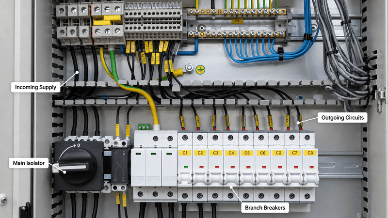 Electrical distribution box power path from incoming supply to protected outgoing circuits