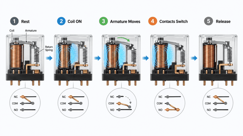 Five-step operating sequence of an electromechanical relay from coil off to coil energized and released