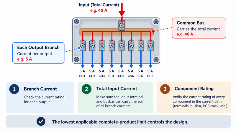 Branch current and total common bus current in a distribution module
