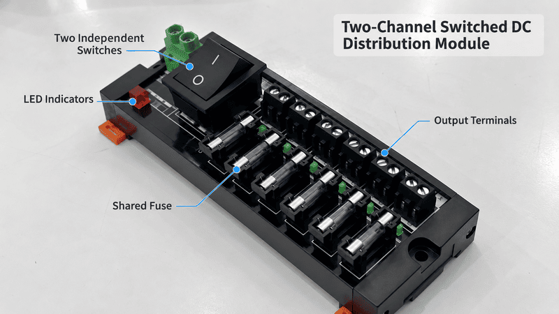Internal functional diagram of a two-channel switched DC distribution module