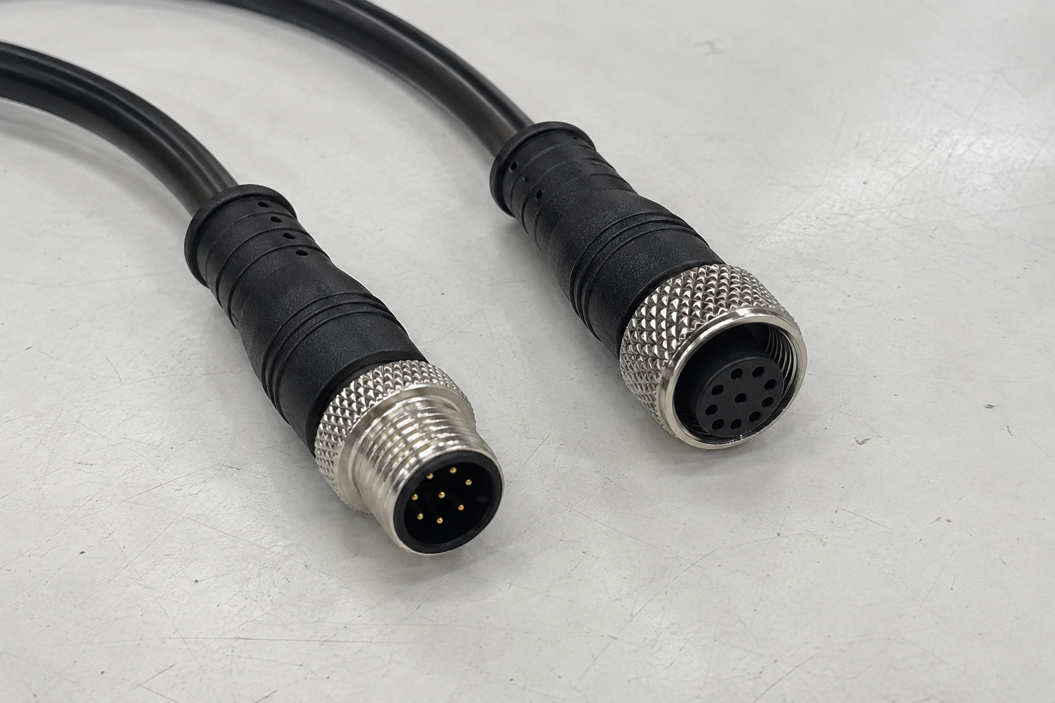M12 8-pin cable assembly connector and receptacle formats