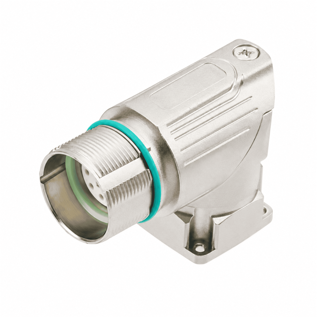 M23 Signal Type Angled Female Square Flange Socket – Crimp 19.8×19.8