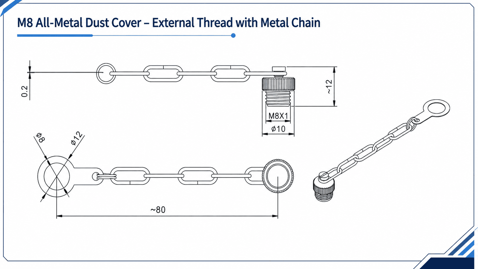 M8 All-Metal Dust Cover – External Thread with Metal Chain Technical Drawing