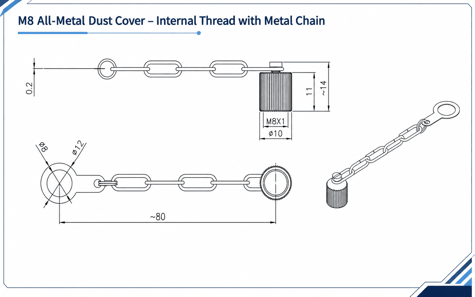 M8 All-Metal Dust Cover – Internal Thread with Metal Chain Technical Drawing