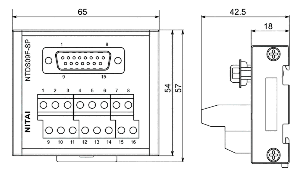 DIN Rail DB9 Female D-SUB to Spring Terminal Block Interface Module Technical Drawing