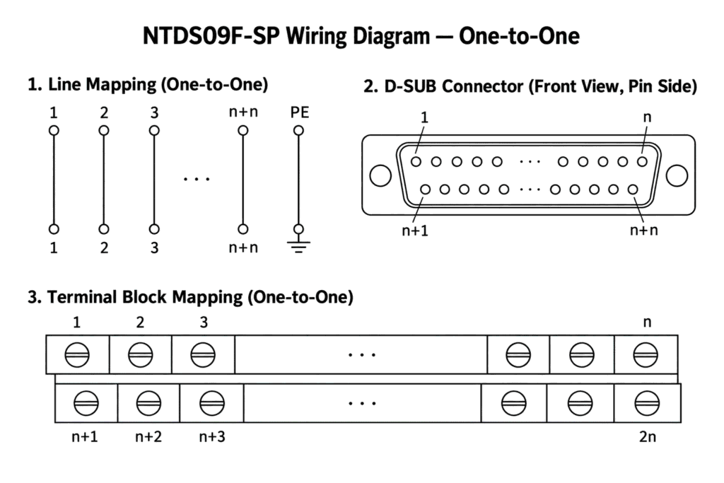 DIN Rail DB9 Female D-SUB to Spring Terminal Block Interface Module Wiring Diagram