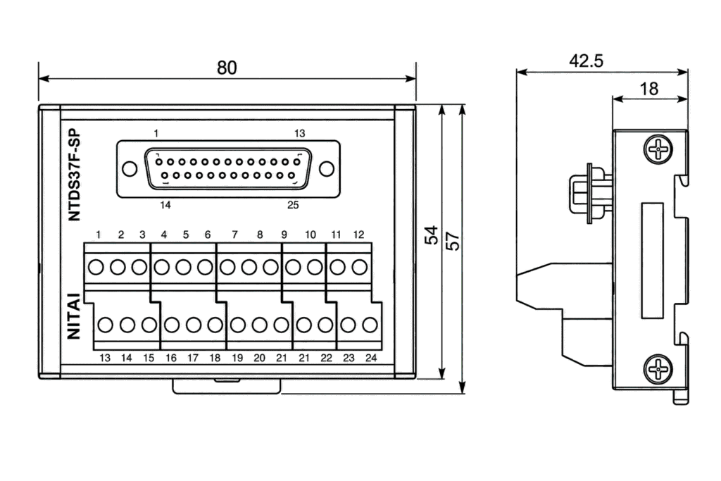 DIN Rail DB37 Female D-SUB to Spring Terminal Block Interface Module Technical Drawing