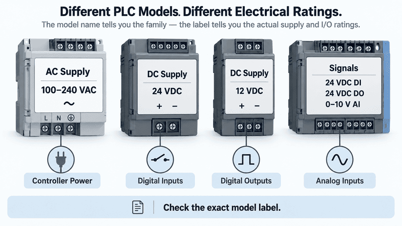 PLC model labels showing different power and I/O ratings