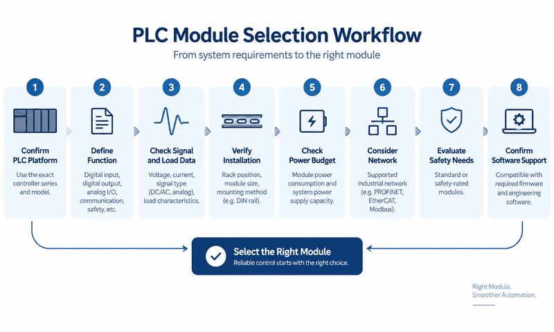 PLC module selection workflow from controller model to field wiring
