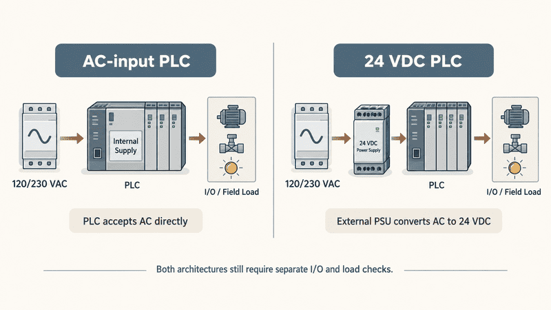 AC-powered PLC compared with an external 24 VDC power supply architecture