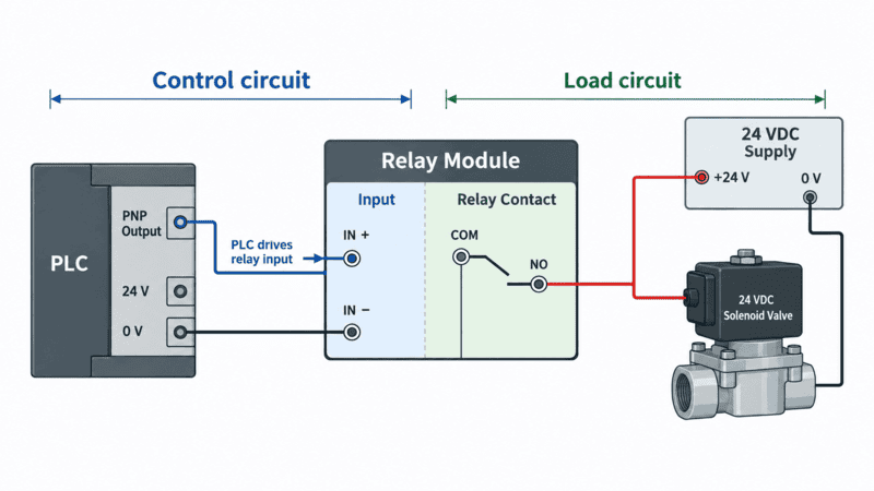 Conceptual wiring diagram from PNP PLC output through relay module to a 24 VDC solenoid valve