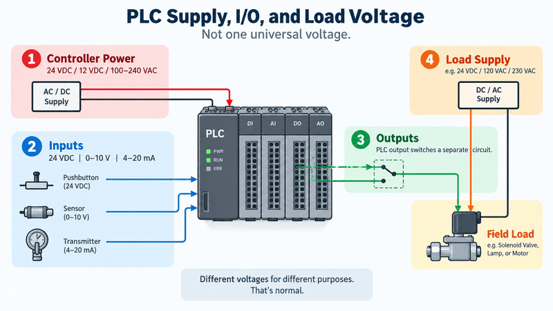 PLC supply, input, output, and load voltage overview