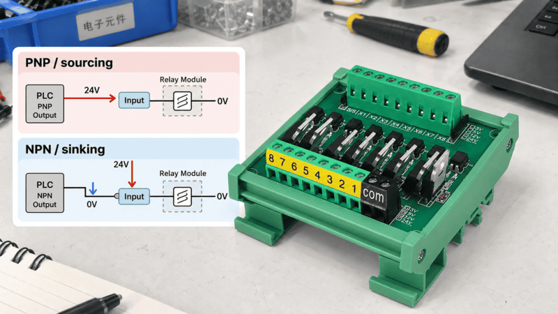PNP sourcing and NPN sinking PLC output wiring to relay module inputs