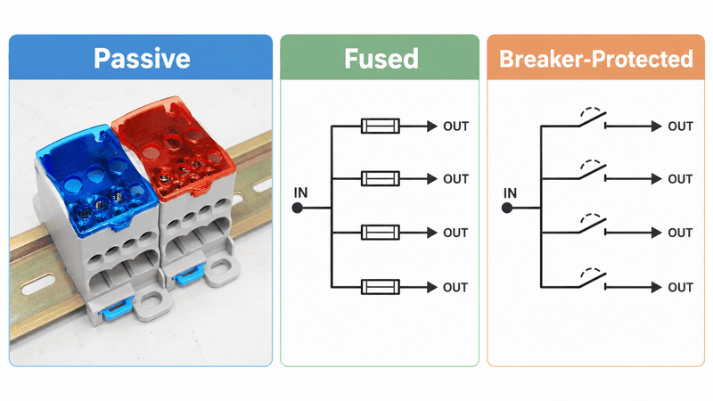 Passive distribution block compared with fused and breaker-protected outputs