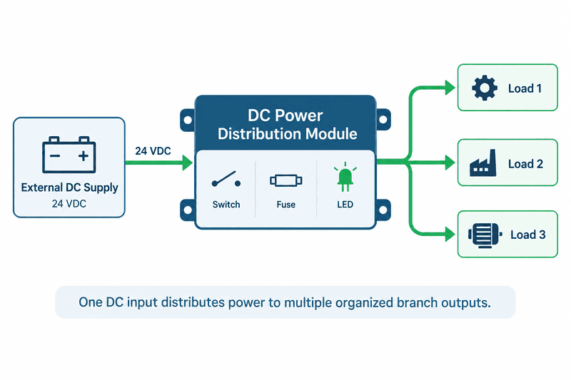 Power path from an external DC supply through a distribution module to two loads