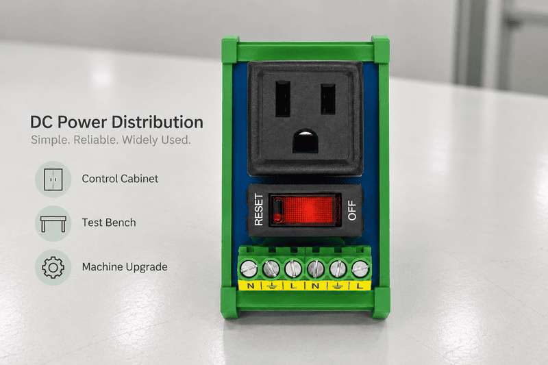 Rail-mounted DC distribution module supplying two loads inside a protected control cabinet
