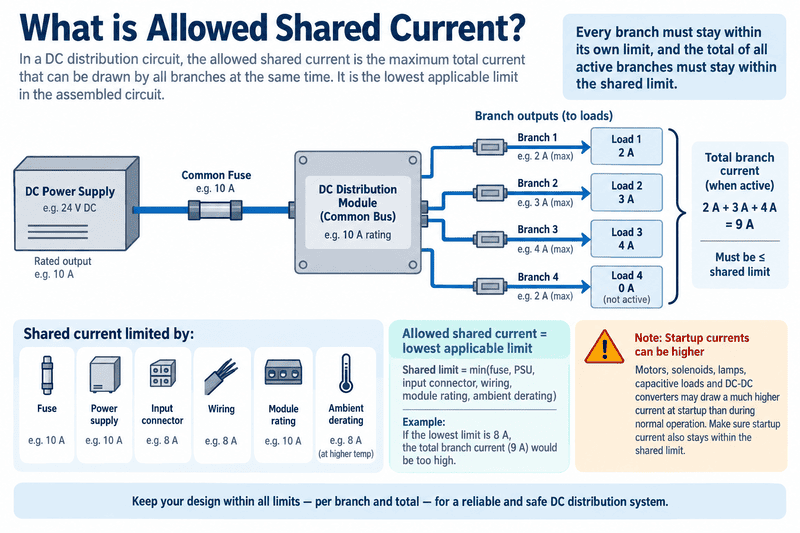 Relationship between branch current, combined current, common fuse, and upstream supply capacity