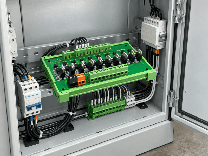 Relay module installed between a PLC output and industrial field loads