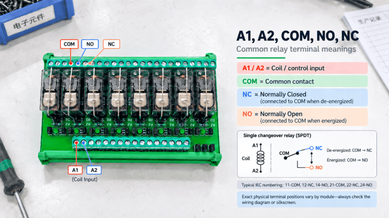 Relay module terminal diagram showing A1 A2 COM NO NC and common 11 12 14 numbering