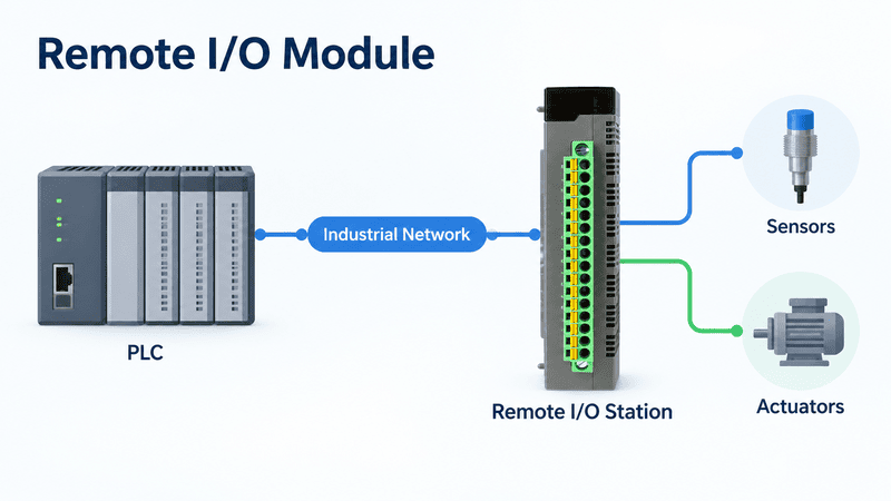 Remote I/O station connected to a PLC over an industrial network