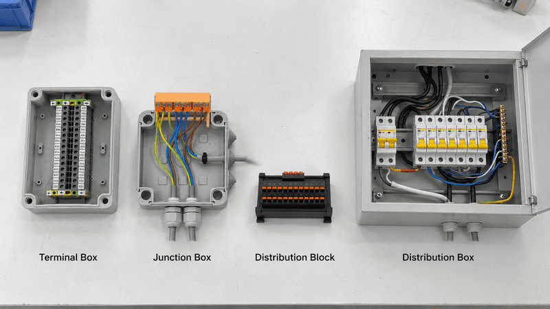 Terminal box, junction box, distribution block, module, and distribution box comparison