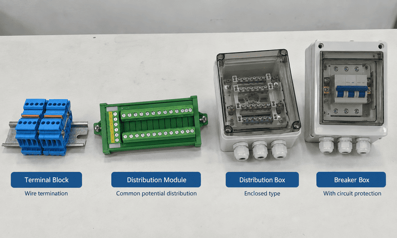 Terminal distribution box, terminal block, distribution module, and breaker box compared
