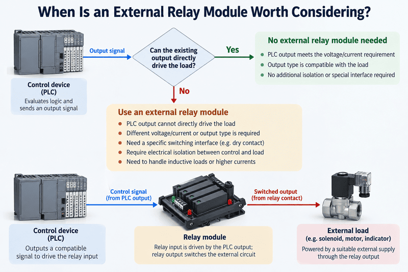 Check whether a relay interface is needed Decision point for an external industrial relay module