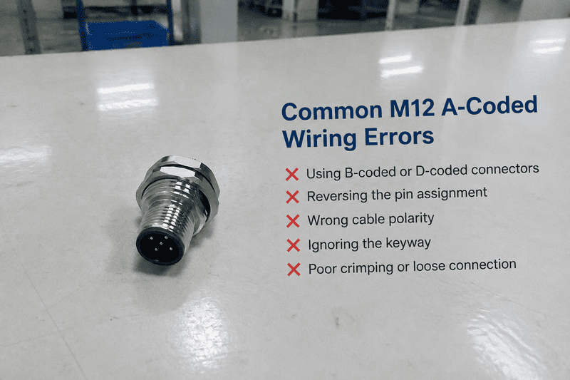 M12 A-coded wiring troubleshooting with pin numbers keyway and wire colors