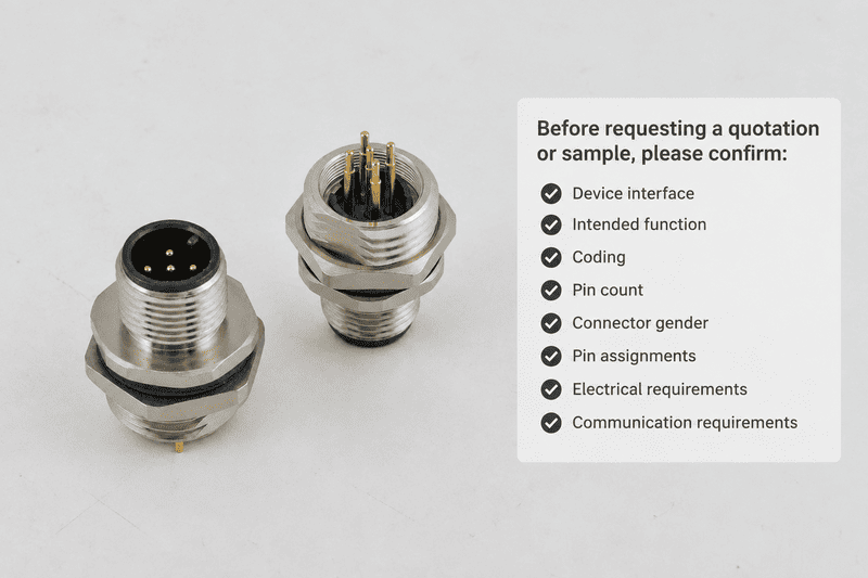 Review a connector supplier quotation M12 male connector 5-pin B-coded supplier quote checklist