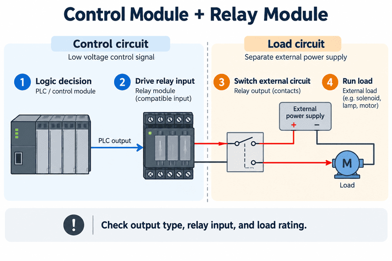 PLC and relay interface signal path PLC output through a relay module to an external load