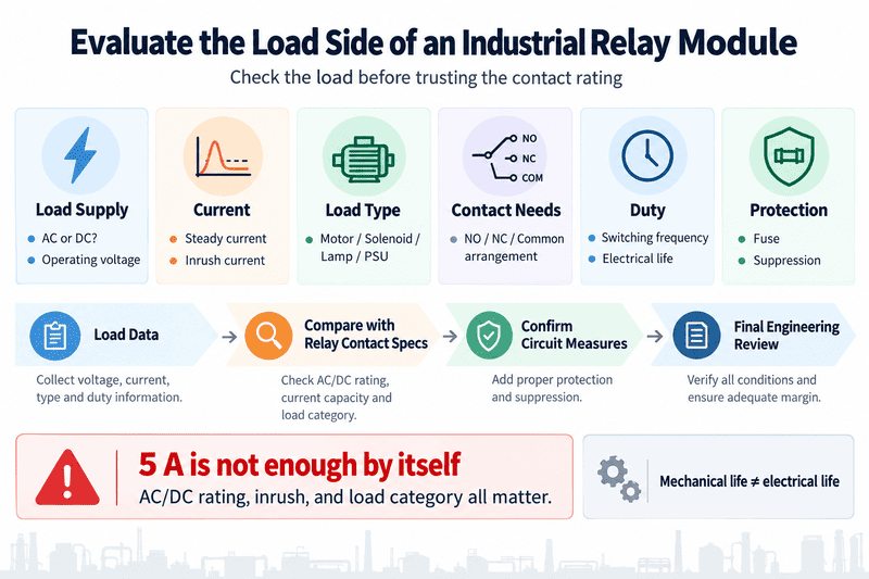 Relay contact and switched-load evaluation Industrial relay module contact selection for AC DC loads and inrush current