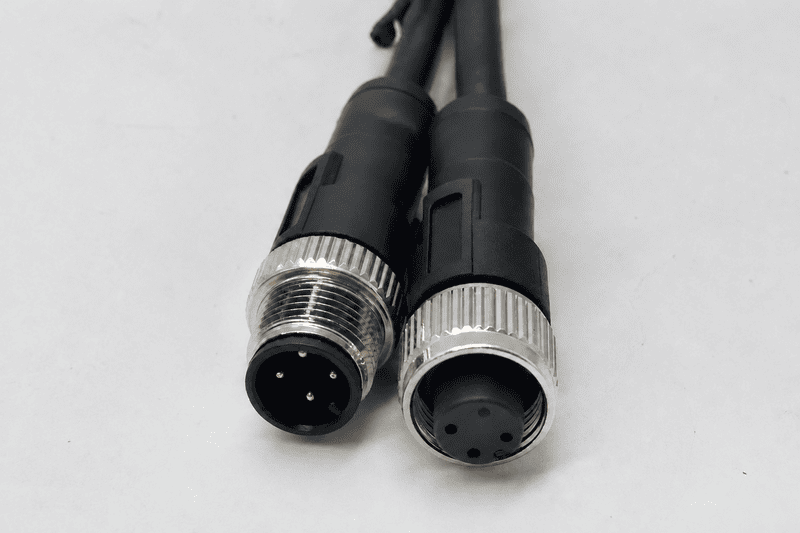 Typical 4-pin M12 A-coded pinout showing brown white blue and black conductors